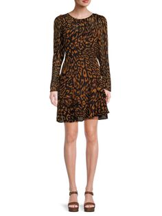 Мини-платье с леопардовым принтом и длинными рукавами Dkny, цвет Black Rust