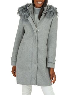 Пальто из смесовой шерсти с капюшоном и отделкой из искусственного меха Nine West, серый