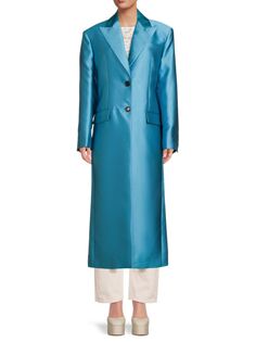 Атласное однобортное пальто Versace, синий