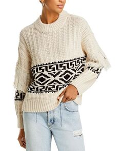 Свитер с рукавами Fair Isle с бахромой AQUA, цвет White