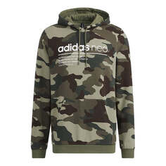 Толстовка Men&apos;s adidas neo Sw Camo Hdy Logo Printing Camouflage Sports Pullover Olive, зеленый