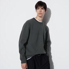 Моющийся свитер в рубчик с круглым вырезом и длинными рукавами milano UNIQLO, серый