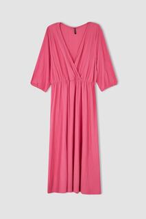 Df Plus Размер Платье миди трапециевидного силуэта с двубортным воротником и воздушными рукавами DeFacto, розовый