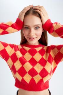 Cool Slim Fit свитер с круглым вырезом и бриллиантами DeFacto, красный