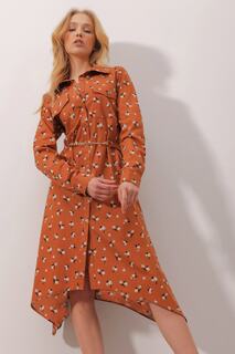 Женское поплиновое платье-рубашка цвета корицы с двумя карманами и цветочным узором, цепочкой и поясом ALC-X9864 Trend Alaçatı Stili, коричневый
