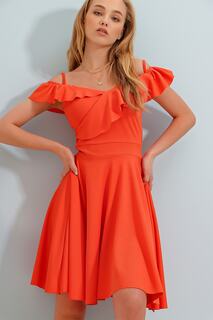 Женское тканое платье из атласа с оранжевым воротником и воланами, регулируемым веревочным ремнем ALC-X8283 Trend Alaçatı Stili, оранжевый