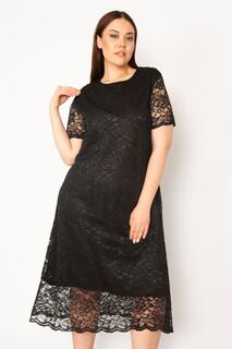 Женское черное кружевное вечернее платье больших размеров на подкладке Şans, черный