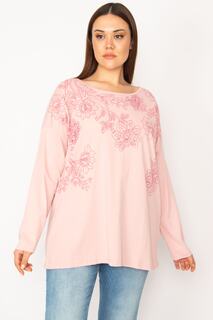 Женская розовая блузка больших размеров из хлопчатобумажной ткани с длинными рукавами и принтом спереди Şans, розовый