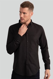 Облегающая хлопковая однотонная мужская рубашка с воротником на пуговицах, которую легко гладить Tudors, черный
