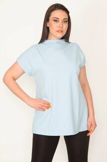 Женская синяя блузка с круглым вырезом из органического хлопка больших размеров Şans, синий