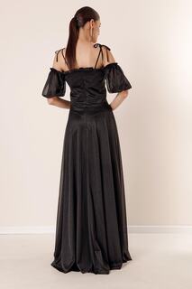 Серебристое длинное платье с плиссированным воротником и воздушными рукавами на подкладке, черное By Saygı, черный