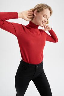 Очень мягкий красный свитер с водолазкой и кашемировым фактурным рисунком DeFacto, бордовый
