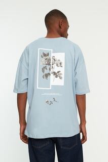Синяя мужская футболка оверсайз с круглым вырезом и цветочным принтом из 100% хлопка с короткими рукавами TMNSS21TS1223 Trendyol, синий