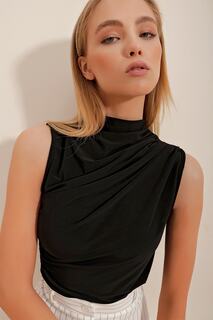Женская черная блузка песочного цвета без рукавов с высоким воротником и драпировкой Trend Alaçatı Stili, черный