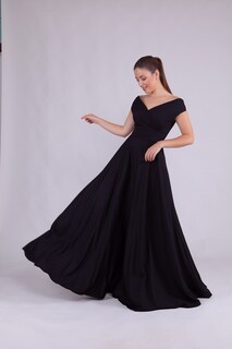 Гибкая ткань-лодочка, двубортный вырез, низкое плечо, расклешенный крой, макси-длина, большие размеры, черное вечернее платье 237 lovebox, черный