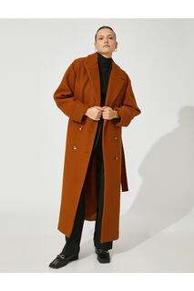 Двубортное длинное пальто с поясом и карманами Koton, коричневый
