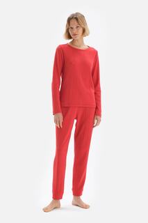 Красный вязаный пижамный комплект с длинными рукавами и круглым вырезом Dagi