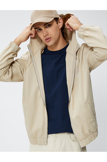 Джинсовая куртка с капюшоном и карманом на молнии с вышивкой в стиле колледжа, повседневный крой Koton, экрю