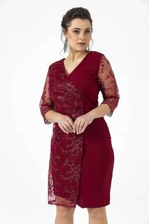 Кружевное вечернее платье больших размеров с одним боковым рукавом Бордово-красное By Saygı, бордовый
