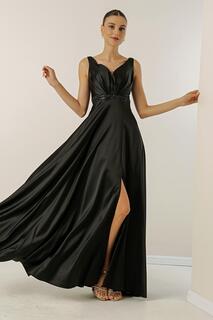 Длинное атласное платье широкого размера с V-образным вырезом, толстым ремешком на талии, подкладкой из бисера By Saygı, черный