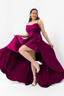 Женское атласное вечернее платье с разрезом сливового цвета и воланами больших размеров, выпускное платье Lafaba, фиолетовый