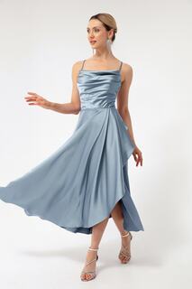 Женское атласное вечернее платье миди длиной миди с воланами и разрезами, выпускное платье Lafaba, синий