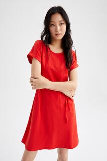 Летнее мини-платье с короткими рукавами и кружевной талией DeFacto, красный