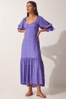 Женское вискозное платье с фиолетовым узором и вырезом сердечком Happiness İstanbul, фиолетовый