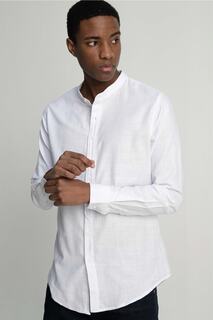 Рубашка узкого кроя с длинными рукавами и круглым воротником из хлопка и льна - Tudors, белый