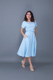 Женское гибкое платье миди из гибкой ткани атлас с эластичной резинкой на талии и карманами с круглым воротником, голубое расклешенное платье миди 222 lovebox, синий