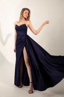 Женское длинное вечернее платье темно-синего цвета с камнями на груди Lafaba, темно-синий