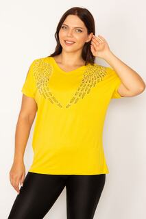 Женская блузка большого размера с желтыми плечами и декольте с камнями 65n34184 Şans, желтый