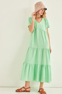 Женское зеленое длинное платье из хлопчатобумажной ткани с v-образным вырезом и карманами Vitrin, зеленый
