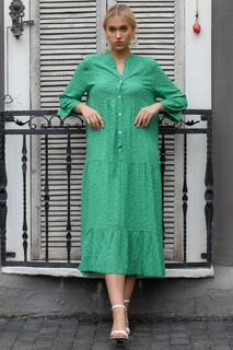 Женское зеленое итальянское длинное платье большого размера с пуговицами и воланами на рукавах с хрустящим узором Chiccy, зеленый