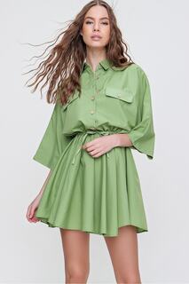 Женское зеленое тканое платье-рубашка в стиле сафари ALC-X6196 Trend Alaçatı Stili, зеленый
