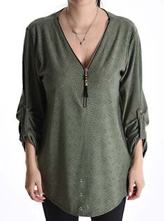Блуза с застежкой-молнией и английской вышивкой, рукав 3/4 и v-образный вырез, зеленый NO Brand
