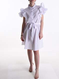 Хлопковое платье-рубашка длиной до колена с рюшами и поясом, белый NO Brand