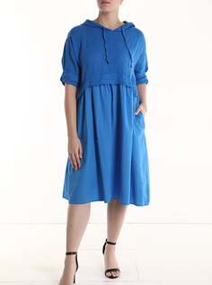 Льняное платье длиной до колена с капюшоном, рукав 3/4, синий NO Brand