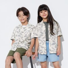 Рубашка UNIQLO Kids из модального хлопка с открытым воротником и короткими рукавами, белый