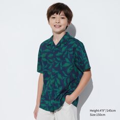 Рубашка UNIQLO Kids из модального хлопка с открытым воротником и короткими рукавами, синий