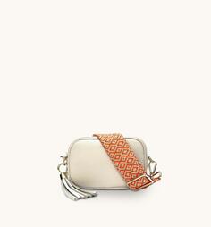 Кожаная сумка для телефона Mini с кисточками и оранжевым ремешком с вышивкой крестиком Apatchy London, бежевый