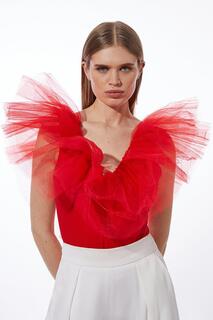 Трикотажное боди с глубоким вырезом Ponte And Tulle Drama Karen Millen, красный