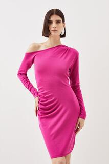Трикотажное мини-платье из смеси вискозы с заниженными плечами Karen Millen, розовый