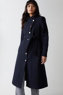 Итальянское шерстяное пальто с запахом и поясом Warehouse, темно-синий