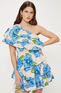 Льняное мини-платье на одно плечо с оборками и цветочным принтом Oasis, синий