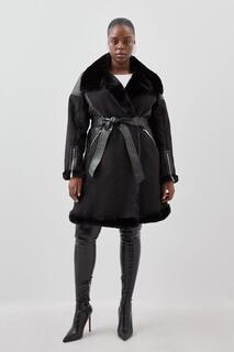 Длинное байкерское пальто из искусственной овчины больших размеров с поясом Karen Millen, черный