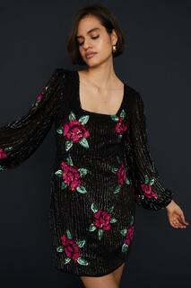Мини-платье с розами и пайетками, украшенное вручную Oasis, черный