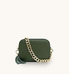 Оливково-зеленая кожаная сумка через плечо с золотым ремешком-цепочкой Apatchy London, зеленый