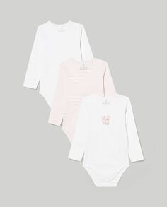 Набор из 3 боди с длинными рукавами для новорожденных., белый/розовый NO Brand
