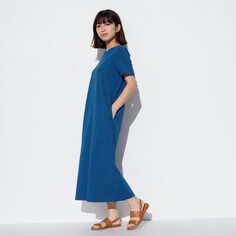 Платье-бюстгальтер из хлопка AIRism (с коротким рукавом) (короткая длина 109,5-119см) UNIQLO, синий